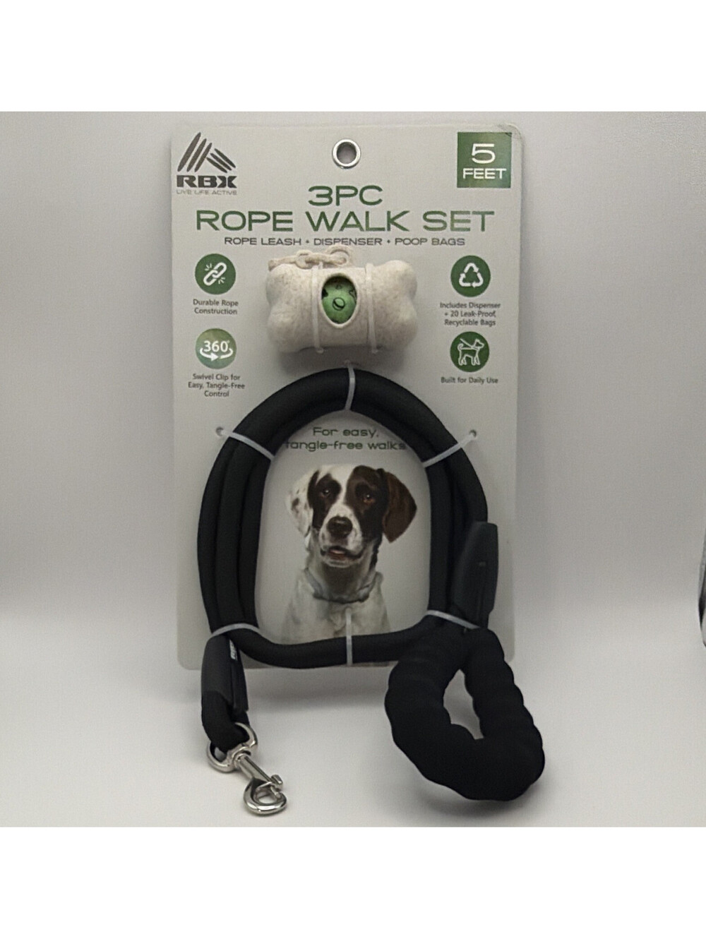 RBX Active 3PC Rope Walk Set 5 ft Rope Dog Leash, Dispenser & Poop Bags Black
